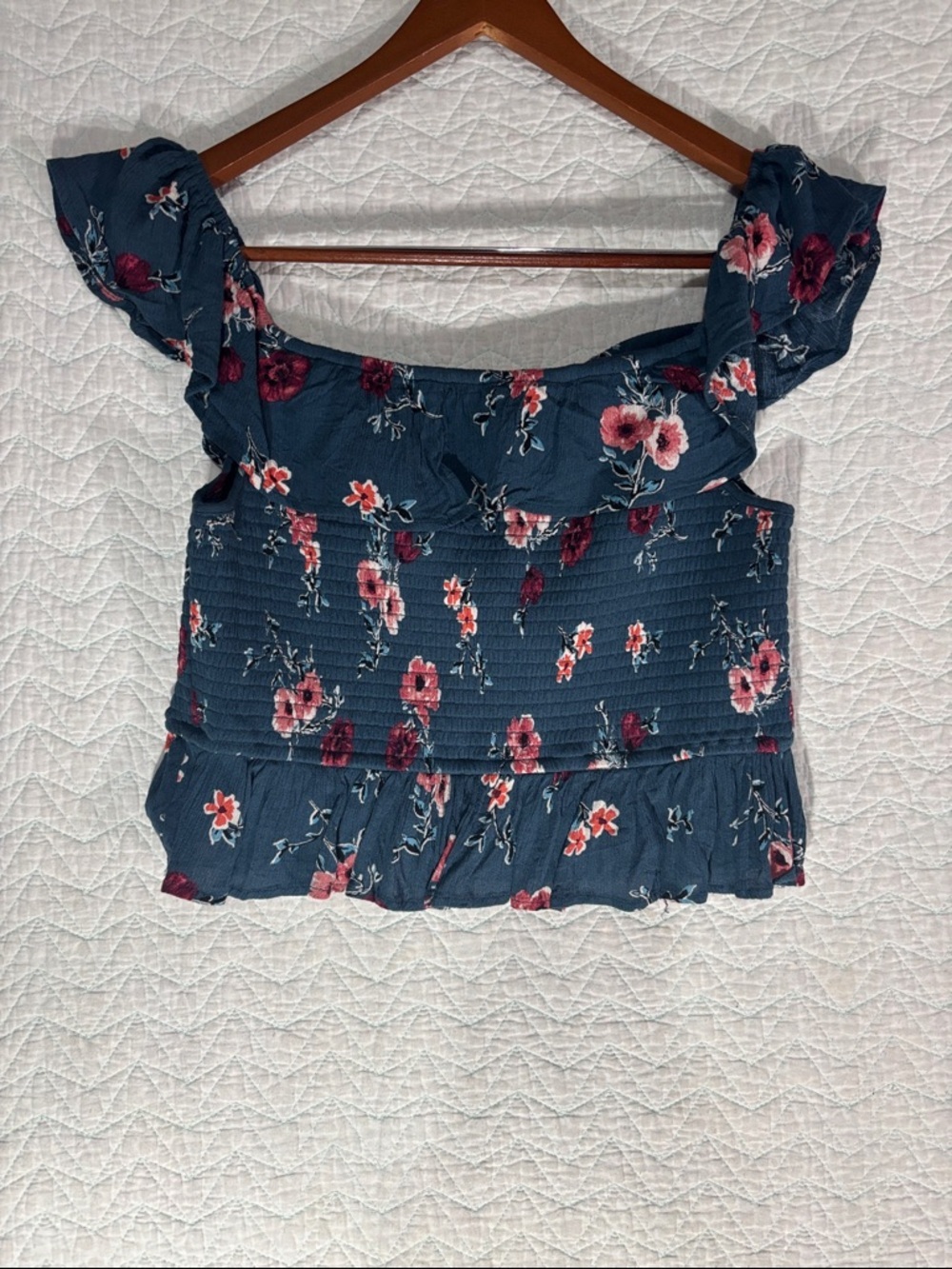 Navy Floral Smocked Off-Shoulder Crop Top